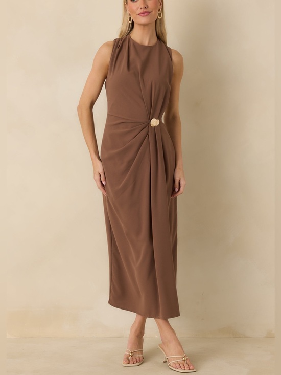 entro Dresses & Skirts - Entro Octavia Gold Buckle Midi Dress Mocha Mousse NWT Size Large